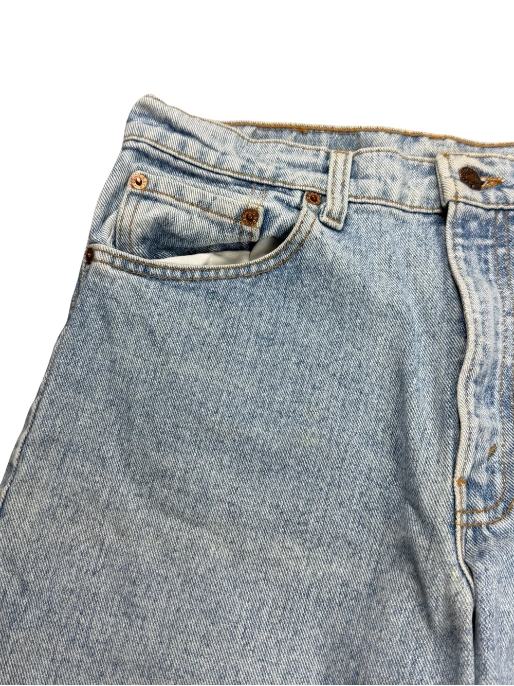 Vintage 90s Levi’s 550 Made In USA Light Wash Elongated Jean Shorts Size 33